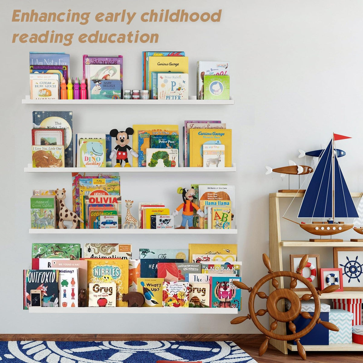 Forbena 48-inch white shelves in a nursery for books and decor.
