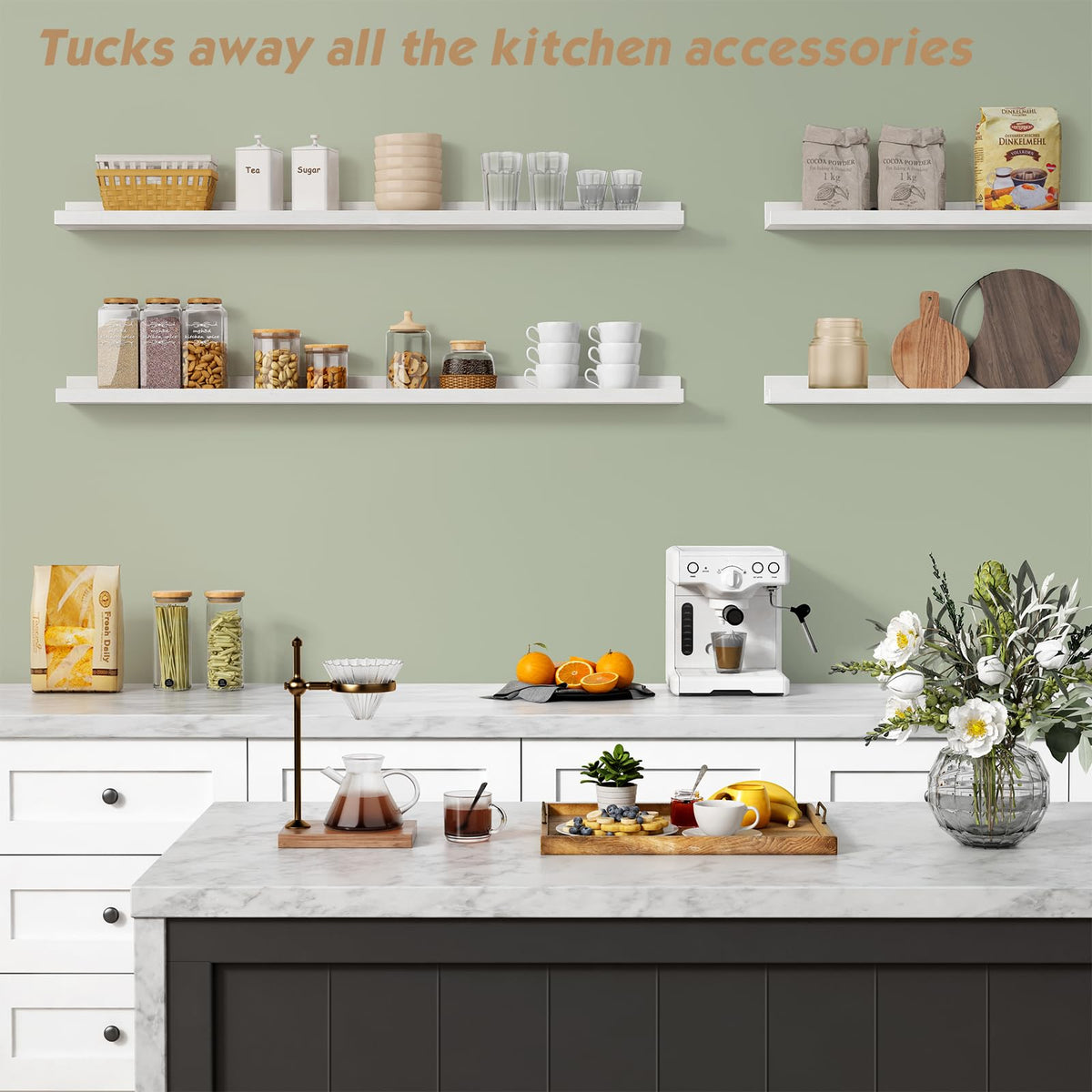 Forbena 48-inch white shelves in use in a living room display.