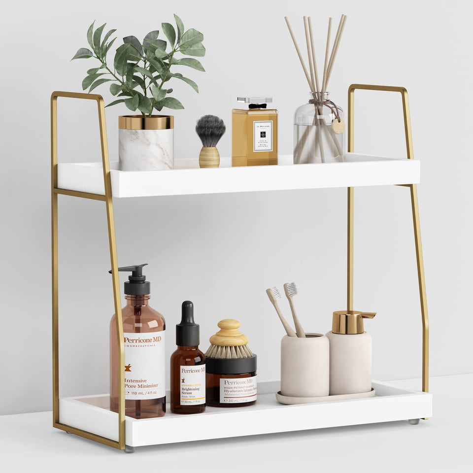 Forbena 2-tier organizer front view; white and gold finish for countertop decluttering