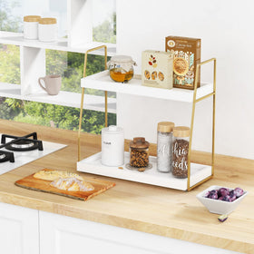 Forbena 2-tier organizer side angle highlighting wood build and storage potential