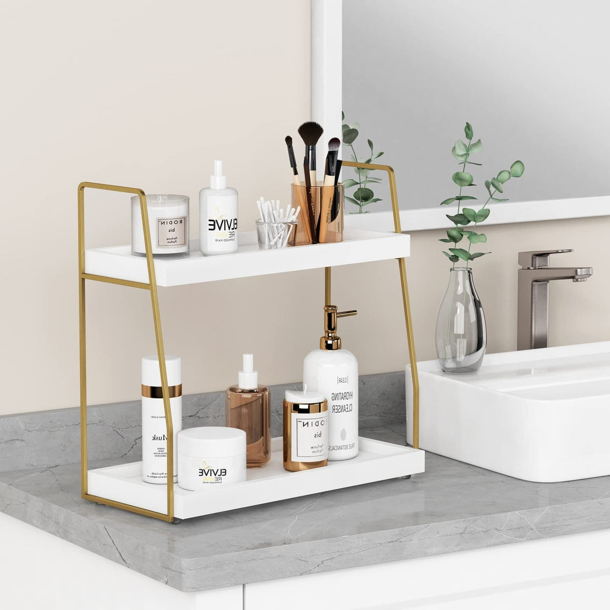 Forbena top view shows compact vanity storage and accessible items