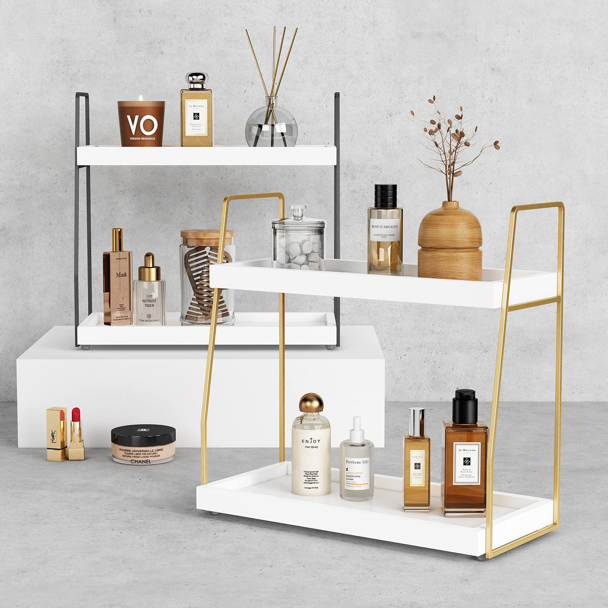 Forbena with toiletries image emphasizes easy reach and tidy shelves