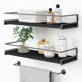 Forbena black floating shelves in a bathroom display; stylish storage with water-resistant wood.
