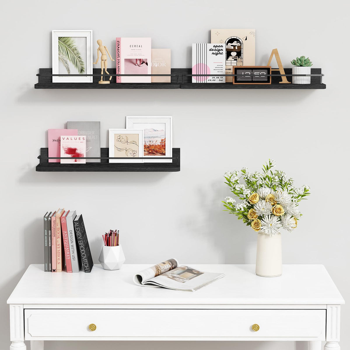 Forbena black floating shelves bathroom storage with guard rail