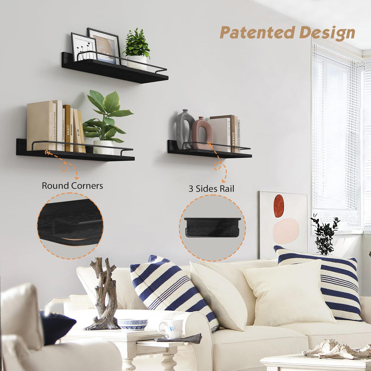 Forbena black floating shelves in kitchen keep essentials at hand