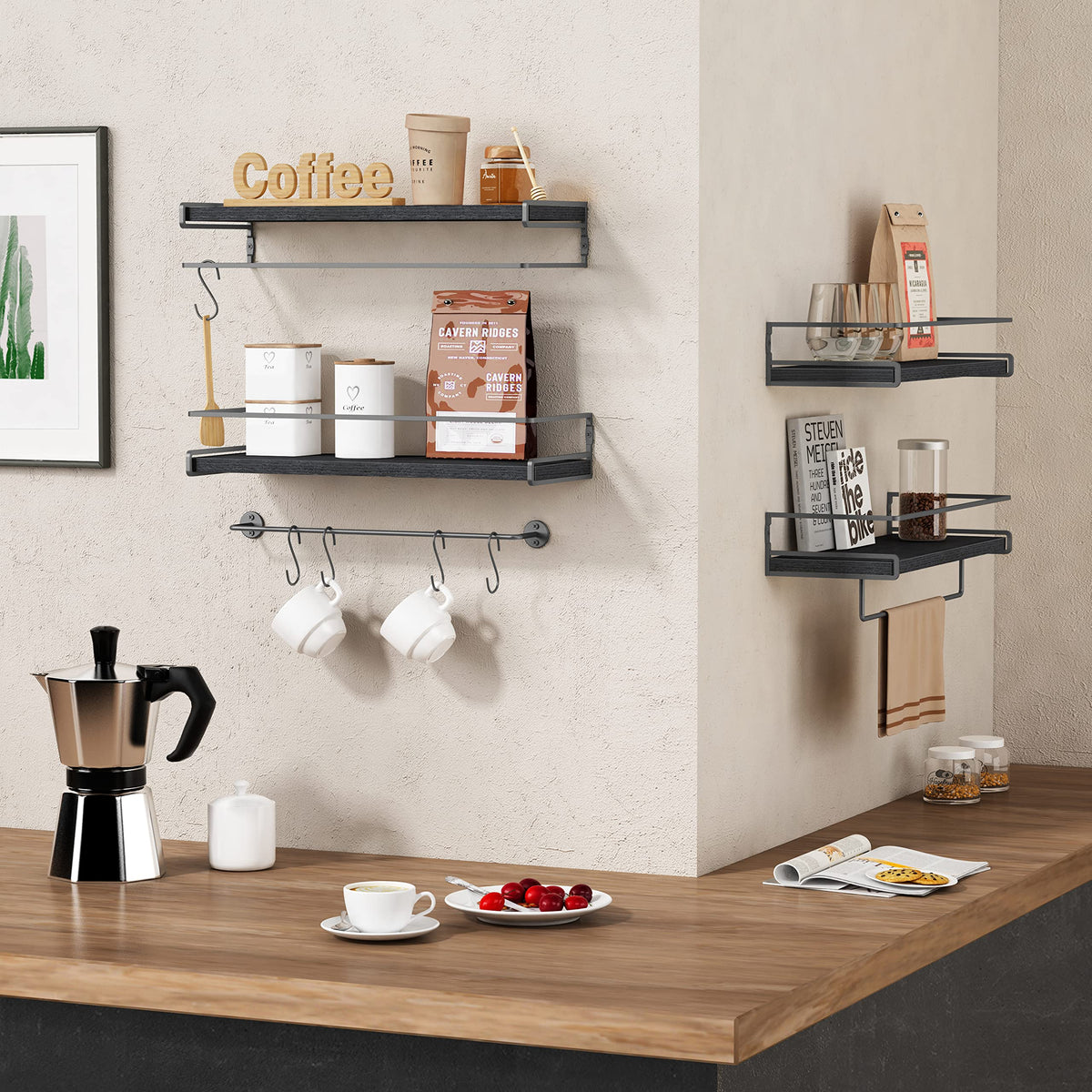 Forbena black floating shelves in a kitchen as a spice rack and organizer.