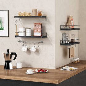 Forbena black floating shelves in a kitchen as a spice rack and organizer.