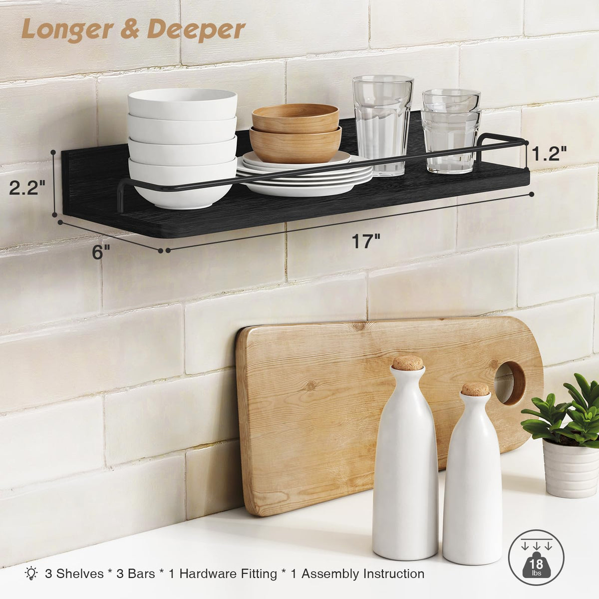Forbena black floating shelves over toilet offer compact bathroom storage