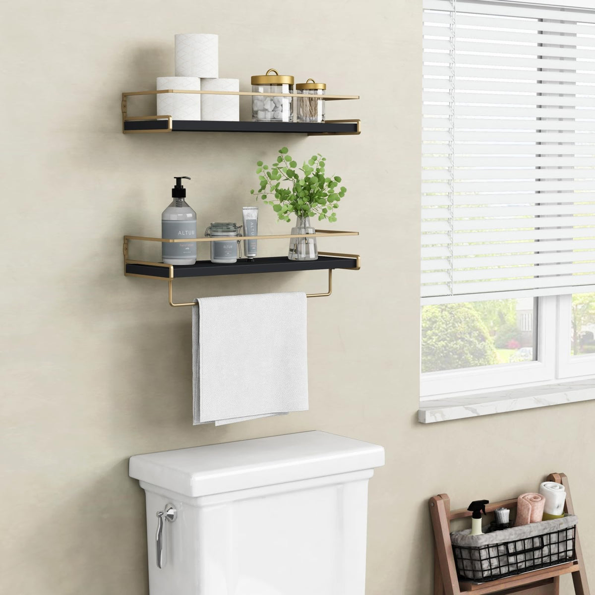 Forbena shelves bracket detail highlights gold hardware and guard rail for security