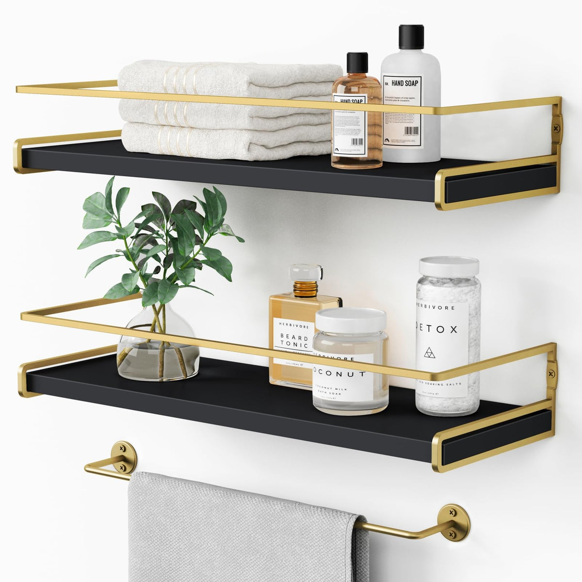 Forbena black and gold bathroom shelves front view showing sleek design and space saving