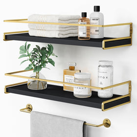 Forbena black and gold bathroom shelves front view showing sleek design and space saving