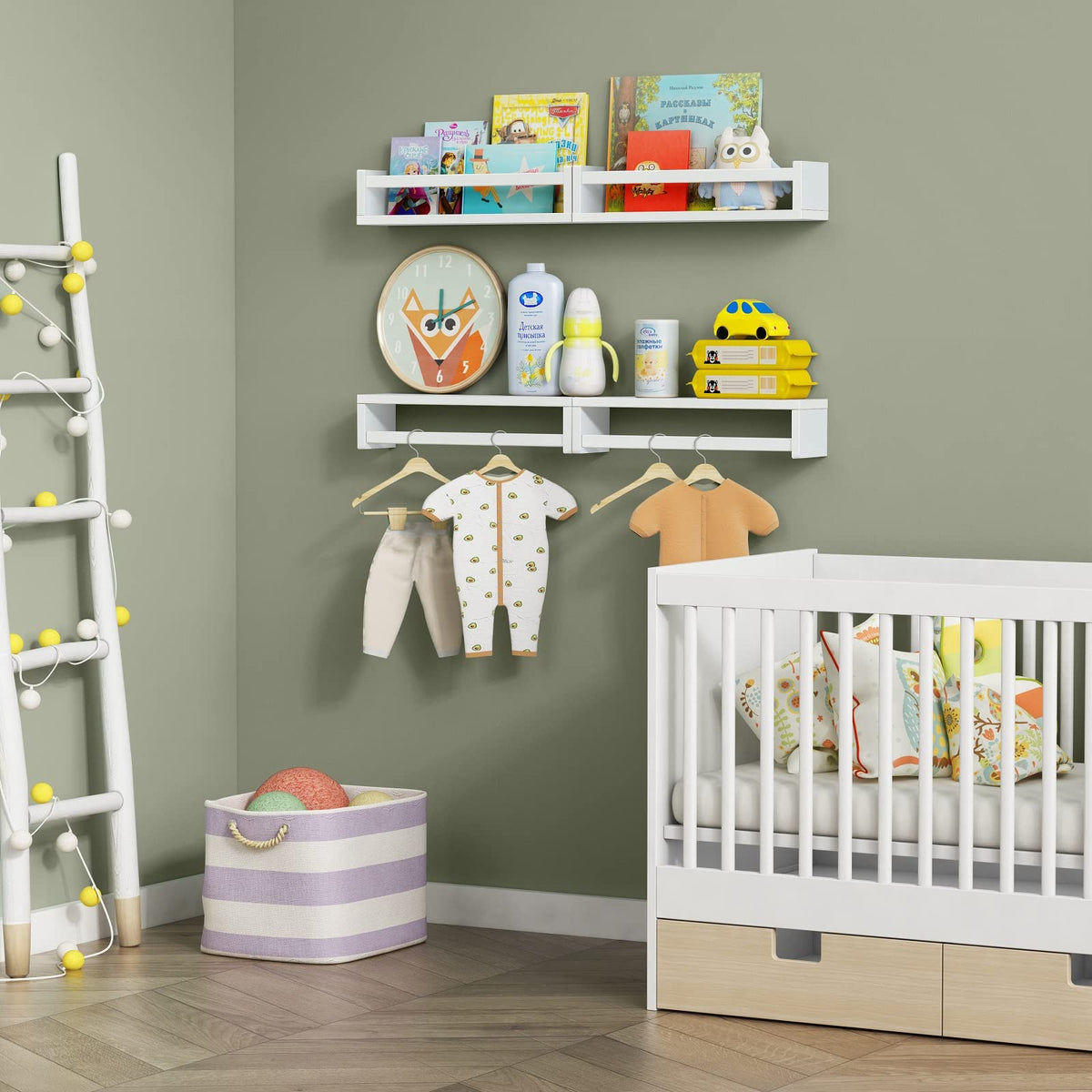 Forbena children's bookshelf white wood set keeps bedtime stories within reach.