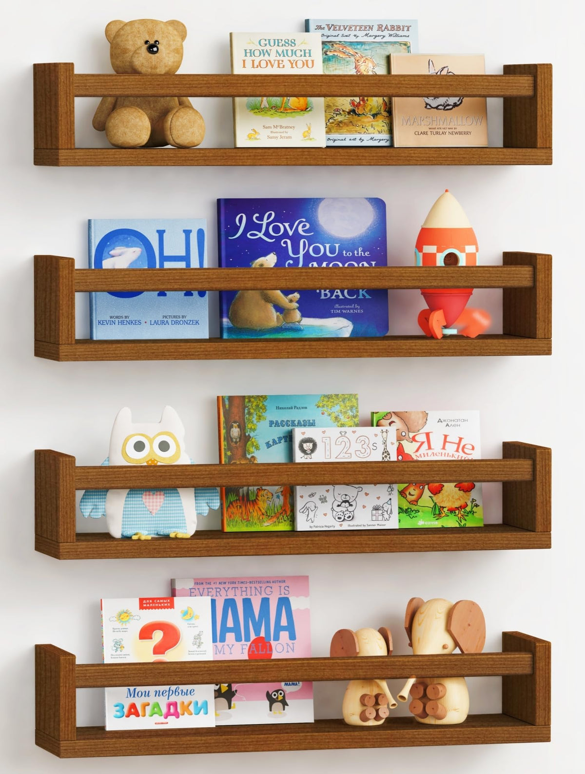Forbena dark wood nursery bookshelf wall mount 4-pack keeps books organized and within reach.