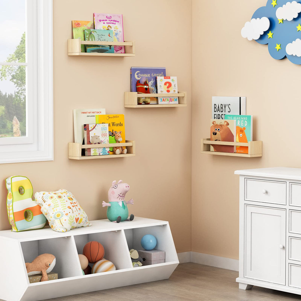 Forbena floating bookshelves in a kids room with simple, accessible storage.
