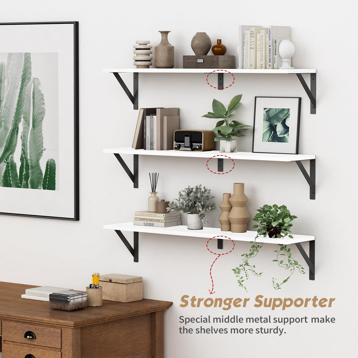 Forbena floating shelves with plants showing greenery and decor use