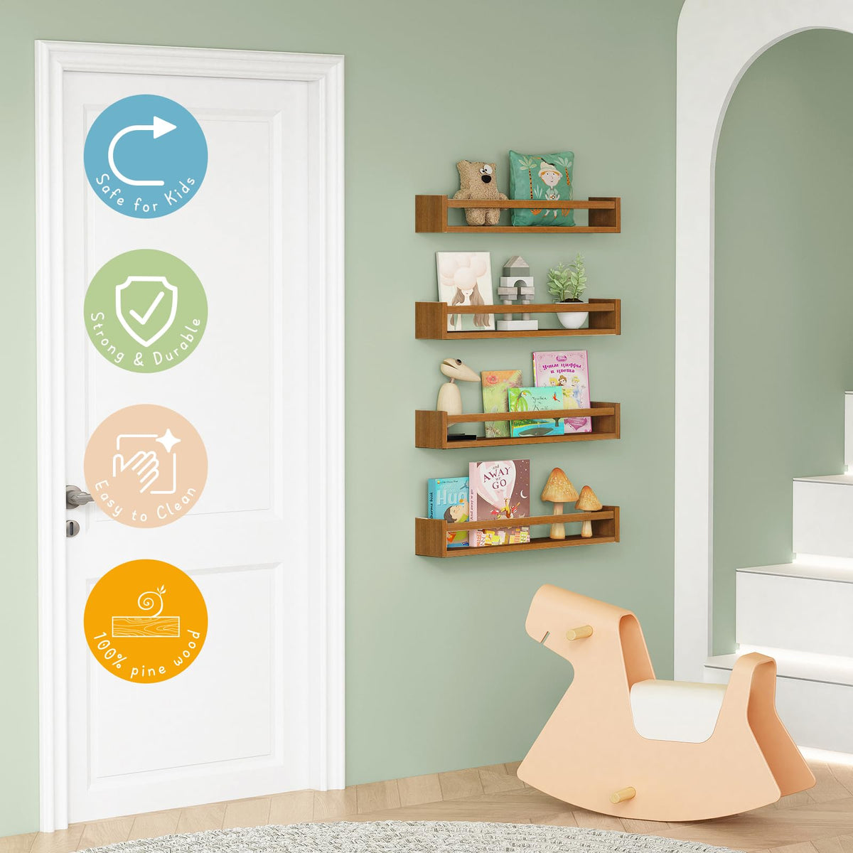 Forbena four-shelf set ready for versatile mounting in any kid's room.