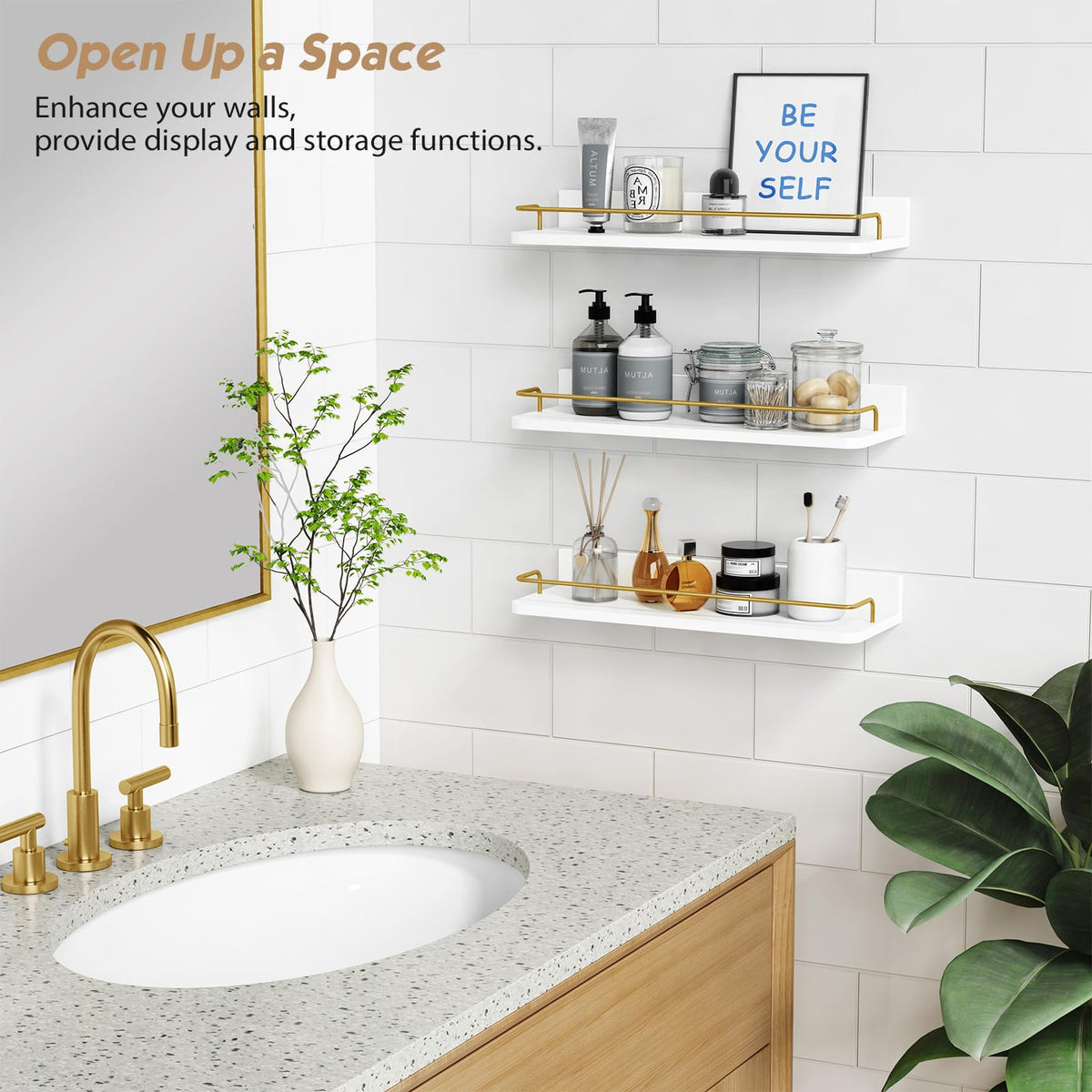 Forbena gold floating shelves in bathroom displaying skincare products.