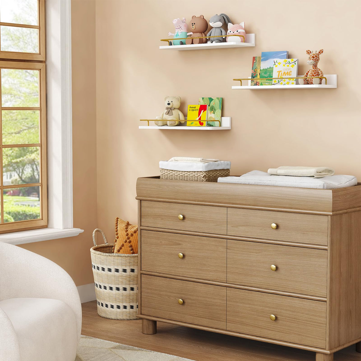 Forbena gold floating shelves with flowers and plants add color and organization.