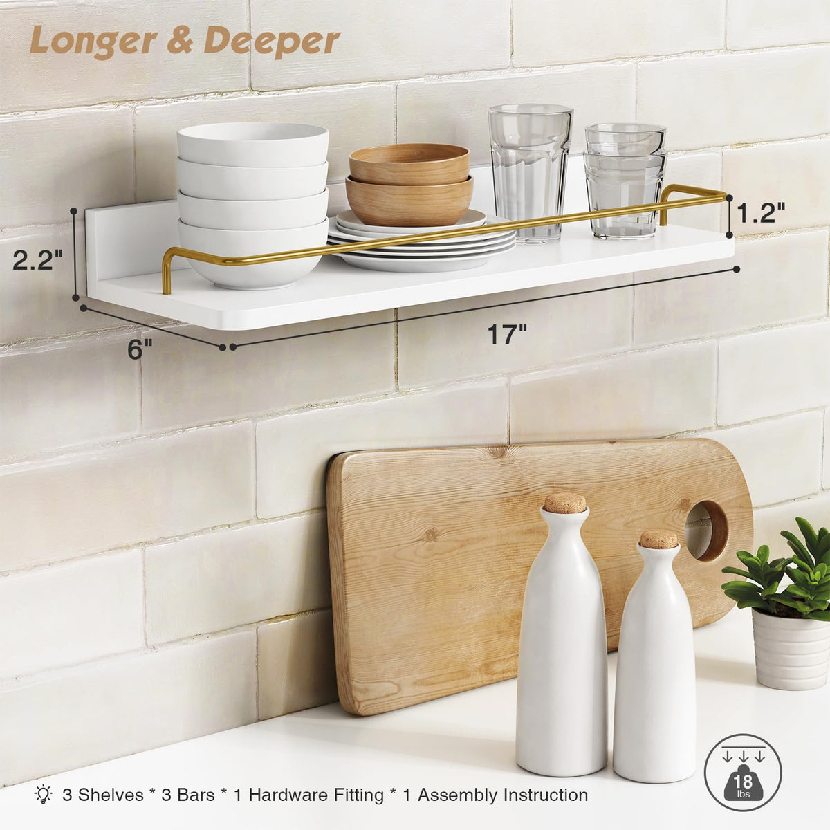 Forbena gold floating shelves guard rail detail preventing items from falling.