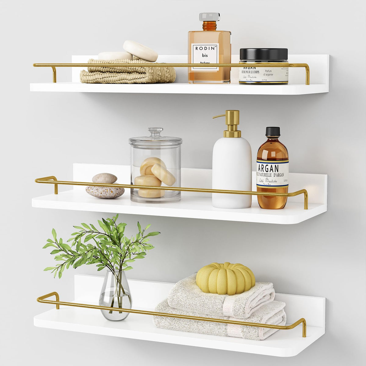 Forbena gold floating shelves set3 front view highlights space-saving storage with a modern white and gold finish.