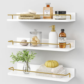 Forbena gold floating shelves set3 front view highlights space-saving storage with a modern white and gold finish.