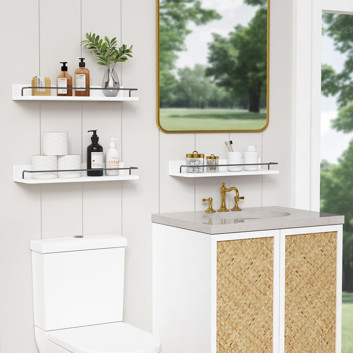 Forbena grey rail and white wood shelves provide durable wall storage.