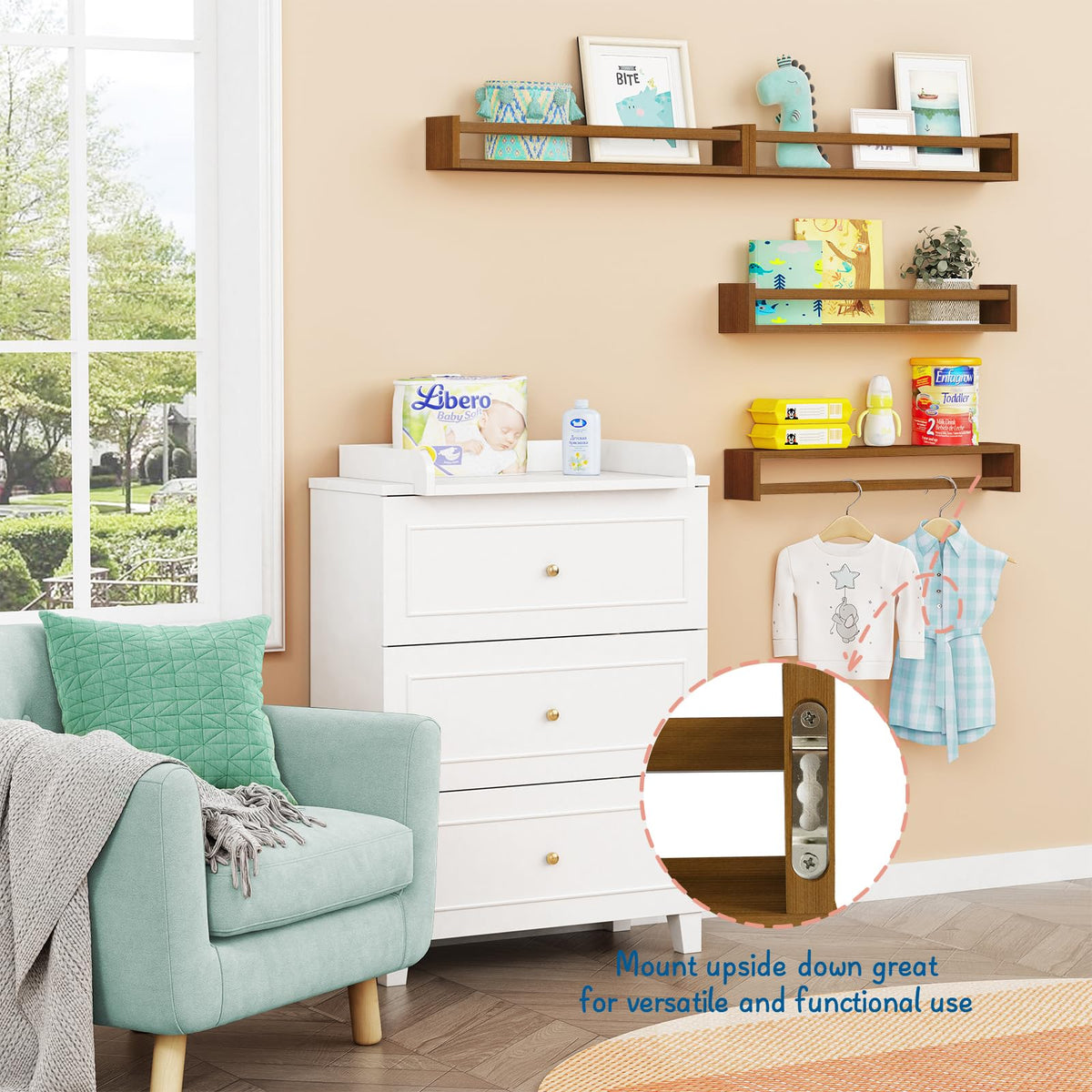 Forbena wall-mounted shelves shown in a cozy nursery setup.