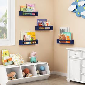 Forbena navy blue wall shelves in kids room, versatile mounting options.