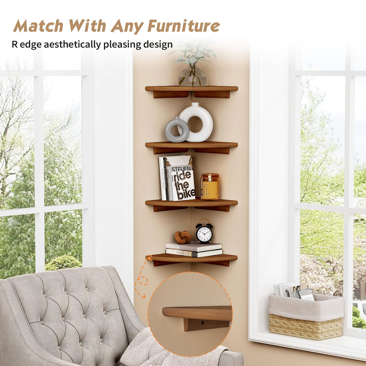 Forbena corner shelf in kitchen for spices and jars to save counter space