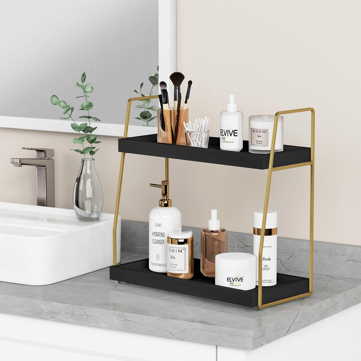 Forbena makeup vanity storage tray keeps brushes and cosmetics organized.