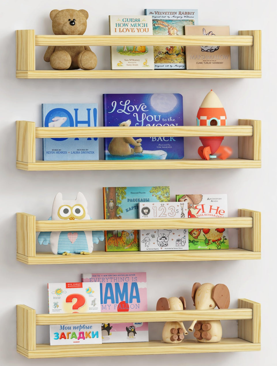 Forbena natural wood nursery shelf wall-mounted for organized books and toys.
