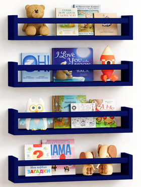 Forbena navy blue floating nursery shelves mounted on wall, four-piece set for organized space.