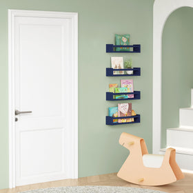 Forbena navy shelves in bathroom or kitchen for compact storage.