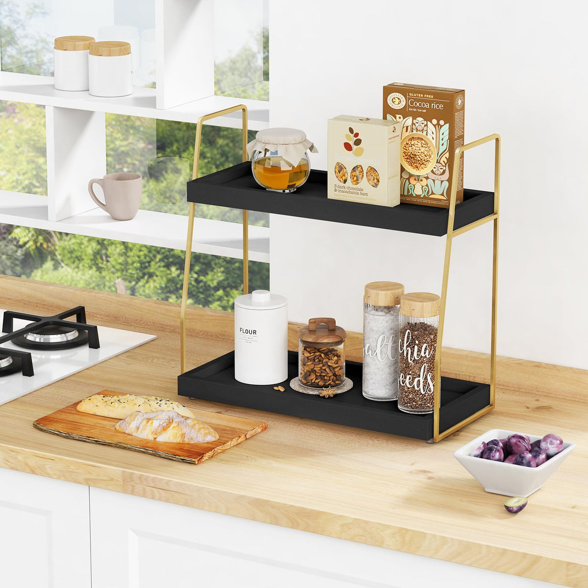 Forbena paulownia wood shelf in black-gold elevates vanity decor.