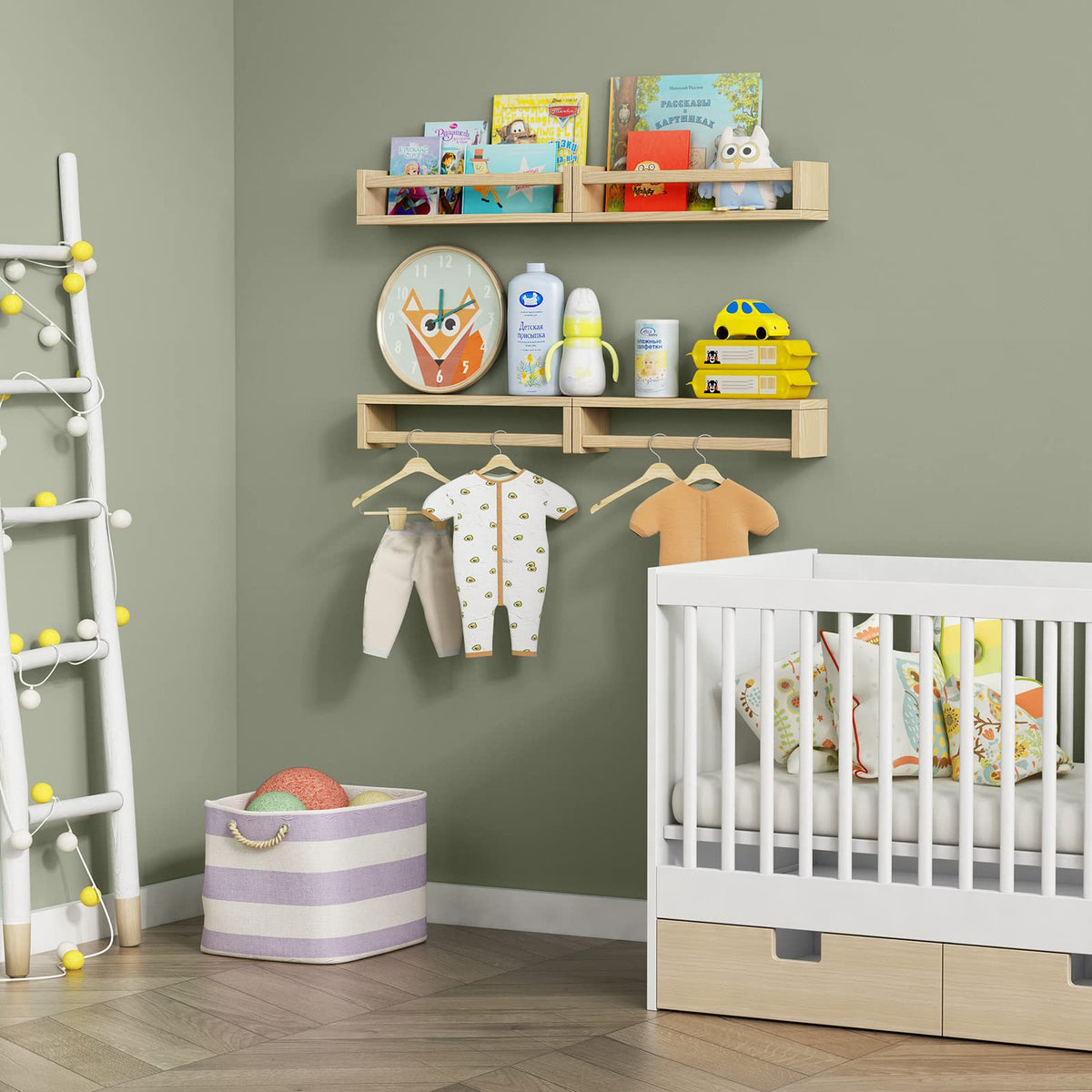 Solid pine toy storage shelf for nursery use, versatile and durable.