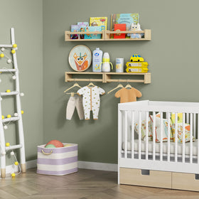 Solid pine toy storage shelf for nursery use, versatile and durable.