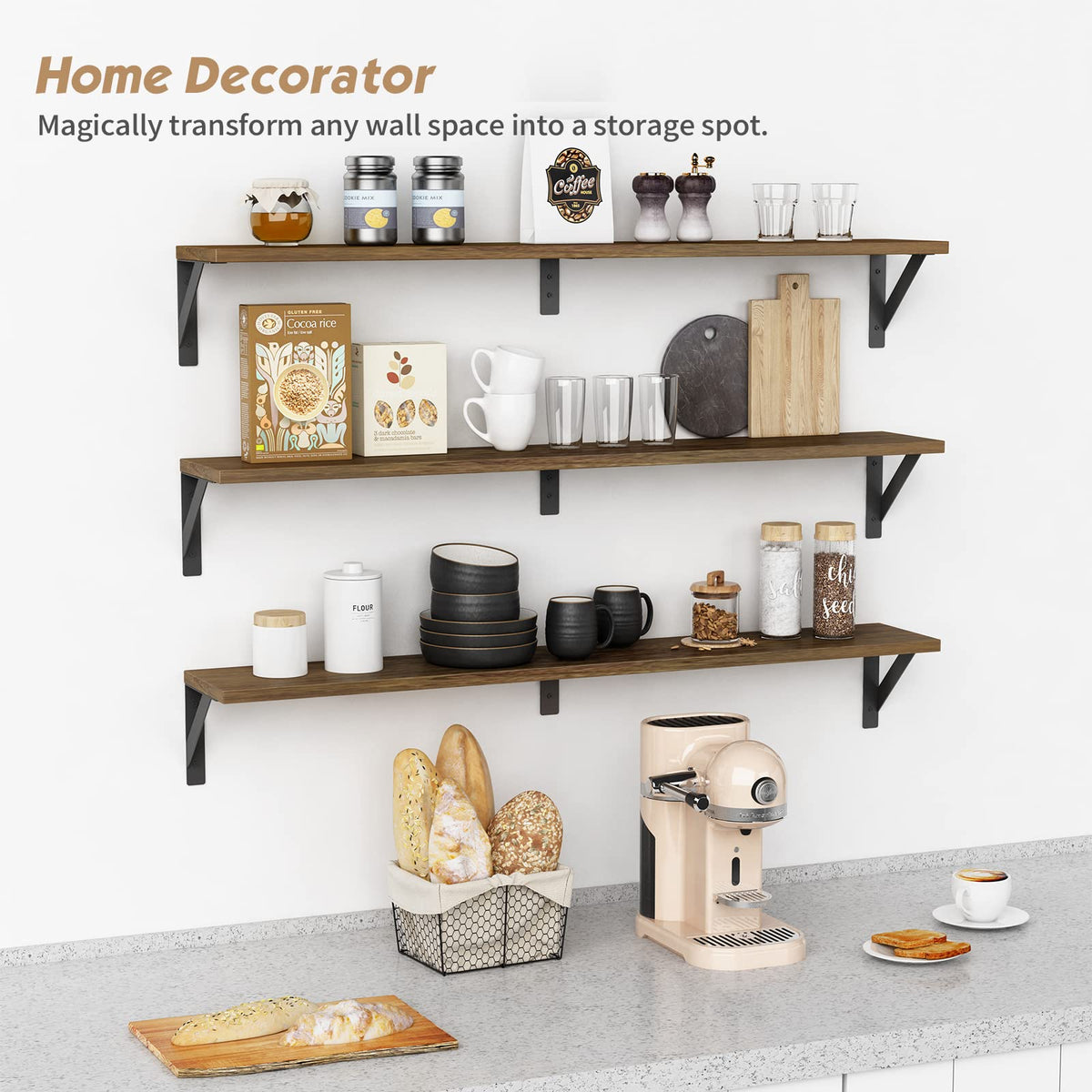 Forbena solid wood wall shelves in dark brown for rustic charm and durability.