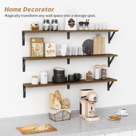 Forbena solid wood wall shelves in dark brown for rustic charm and durability.