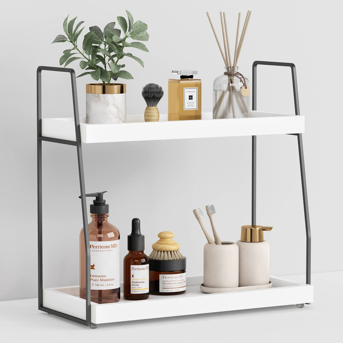 Forbena two-tier bathroom counter organizer keeps toiletries tidy on the vanity