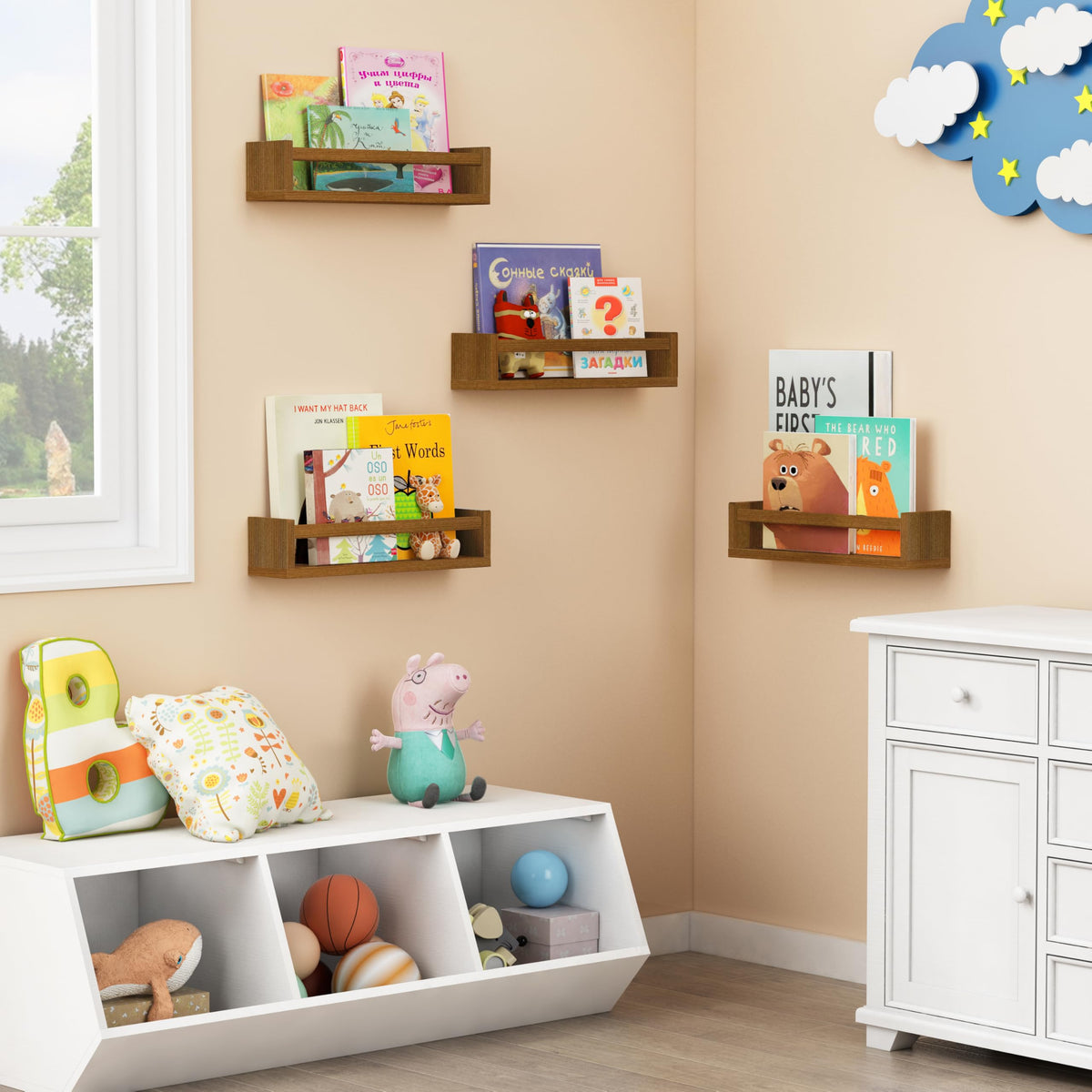Forbena wall-mounted kids bookshelf solid pine ideal for tidy playrooms and easy access.