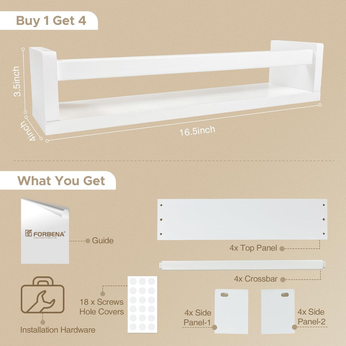 Forbena wall-mounted nursery shelves in white wood add clean storage for baby's room.