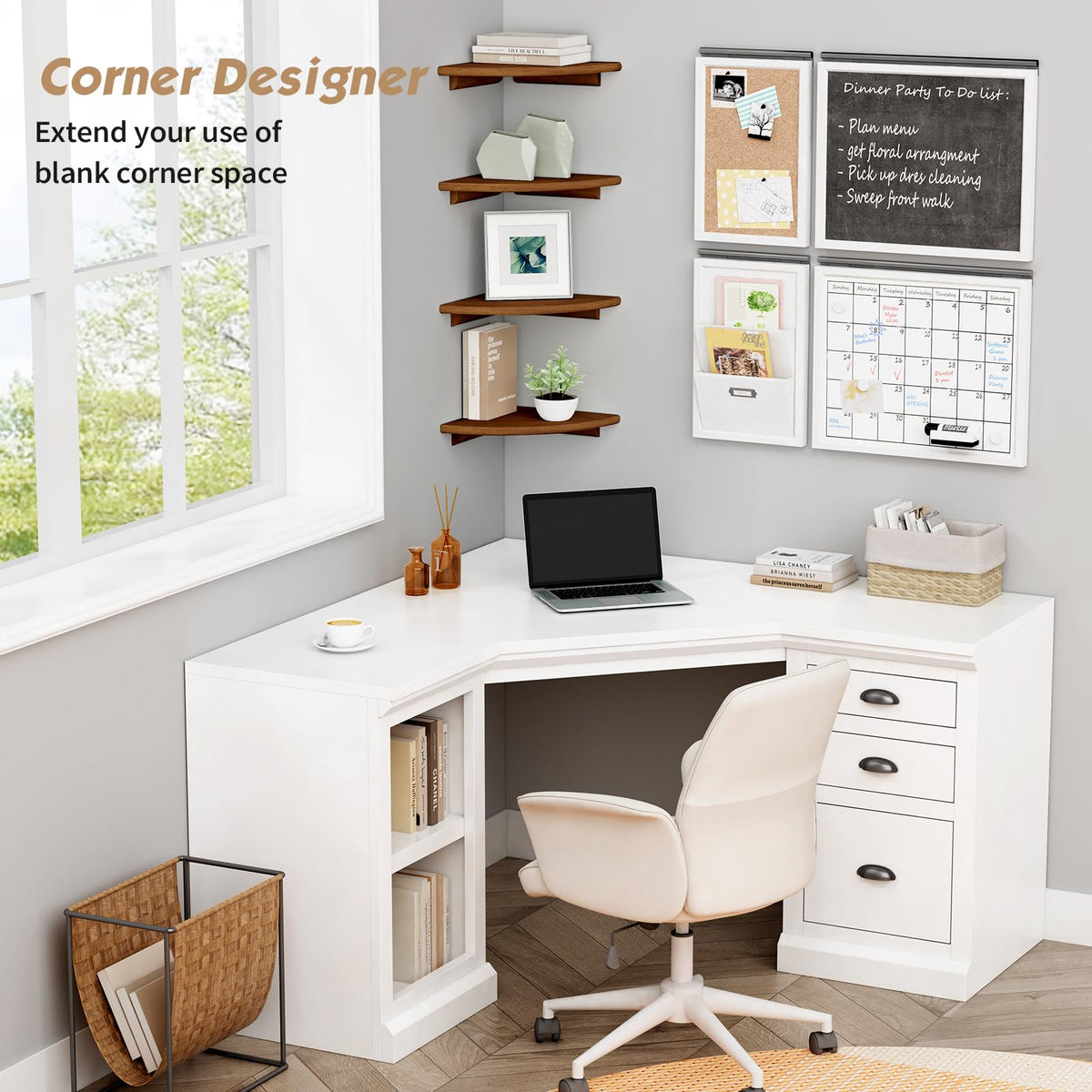 Forbena round wall-mounted corner shelf showcased with candles and keepsakes