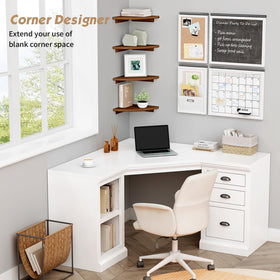 Forbena round wall-mounted corner shelf showcased with candles and keepsakes