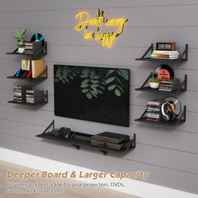 Forbena wall shelves in living room displaying books and plants with black brackets