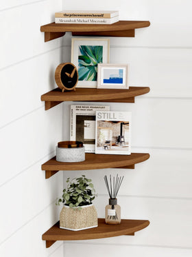 Forbena walnut brown floating corner shelf displaying small plants for space-saving decor