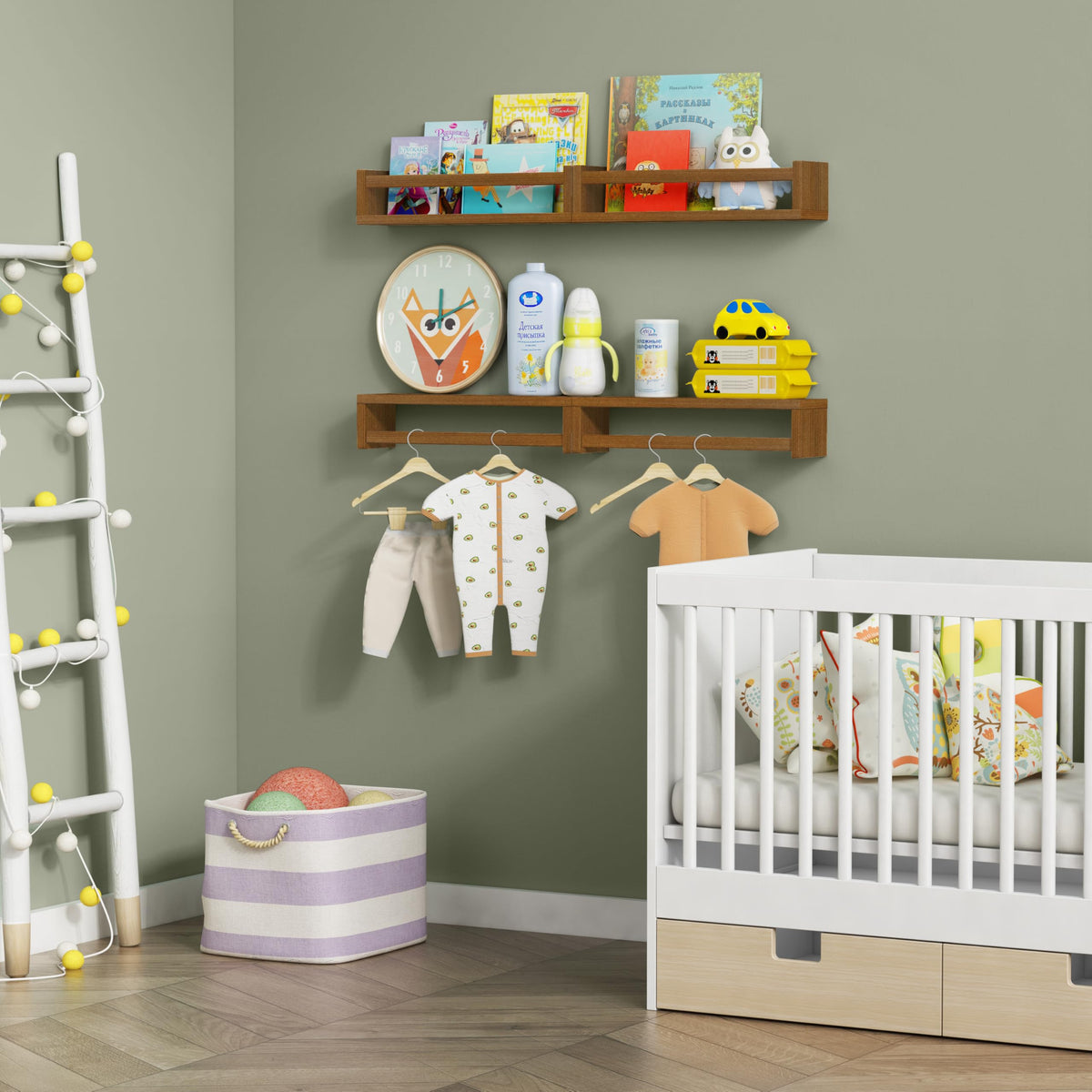 Forbena walnut brown nursery decor shelves perfect for toys and books in any room.