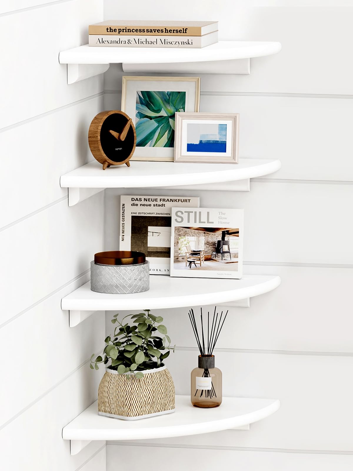 Forbena white corner shelves set4 wall-mounted for tidy storage and display.