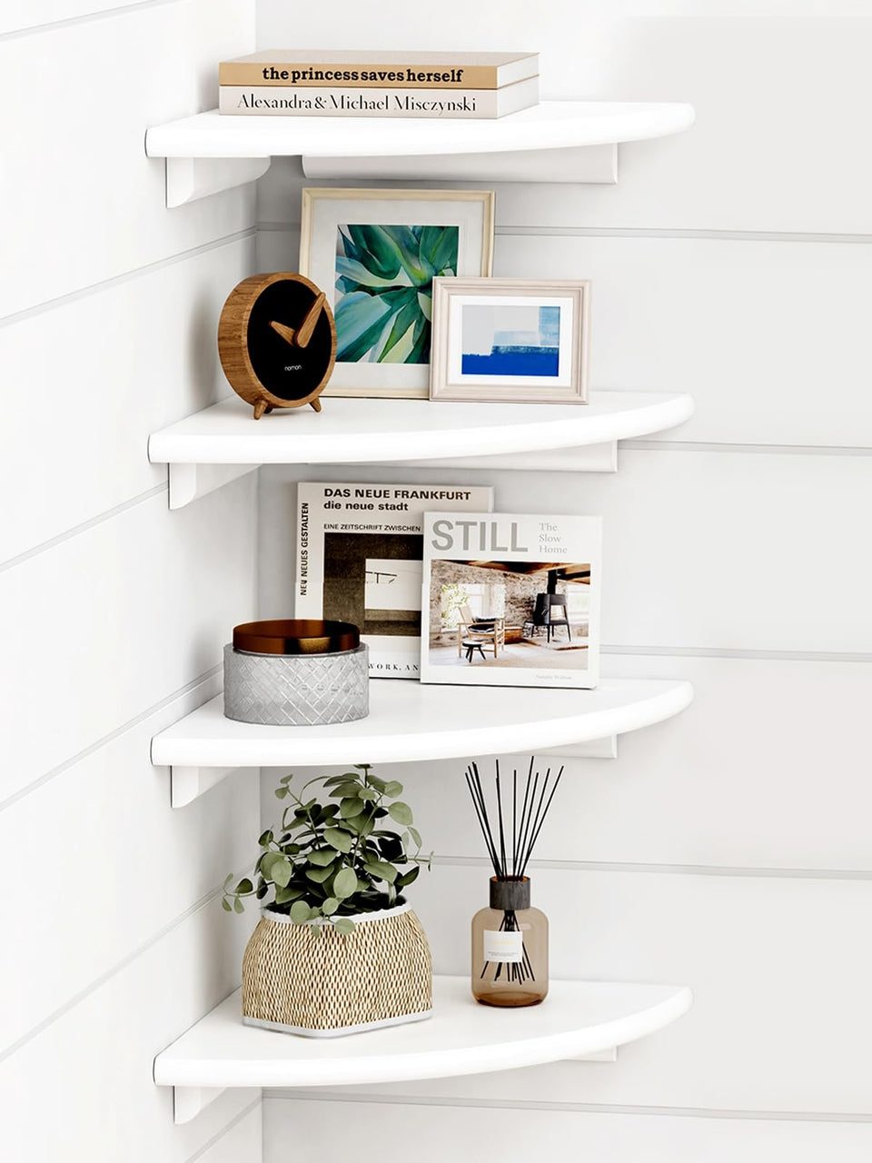 Forbena white corner shelves set4 wall-mounted for tidy storage and display.