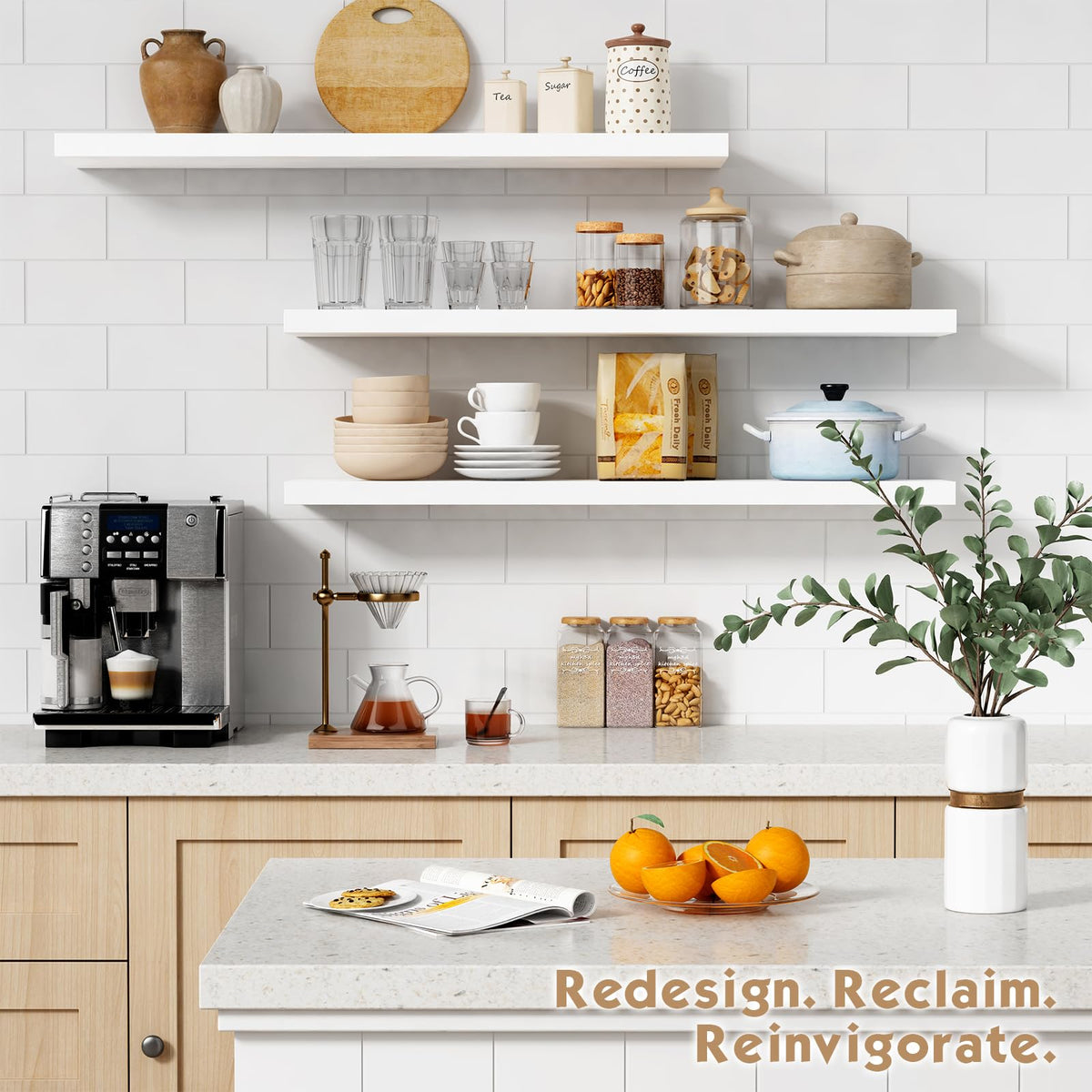 Forbena white floating shelves 3-pack on display, adaptable living room decor.