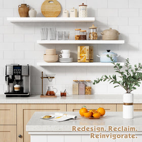 Forbena white floating shelves 3-pack on display, adaptable living room decor.